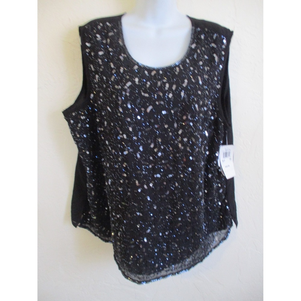 Notations Black Sleevless Evening Blouse Size 2X NWT Beads Sequins ~ Lined